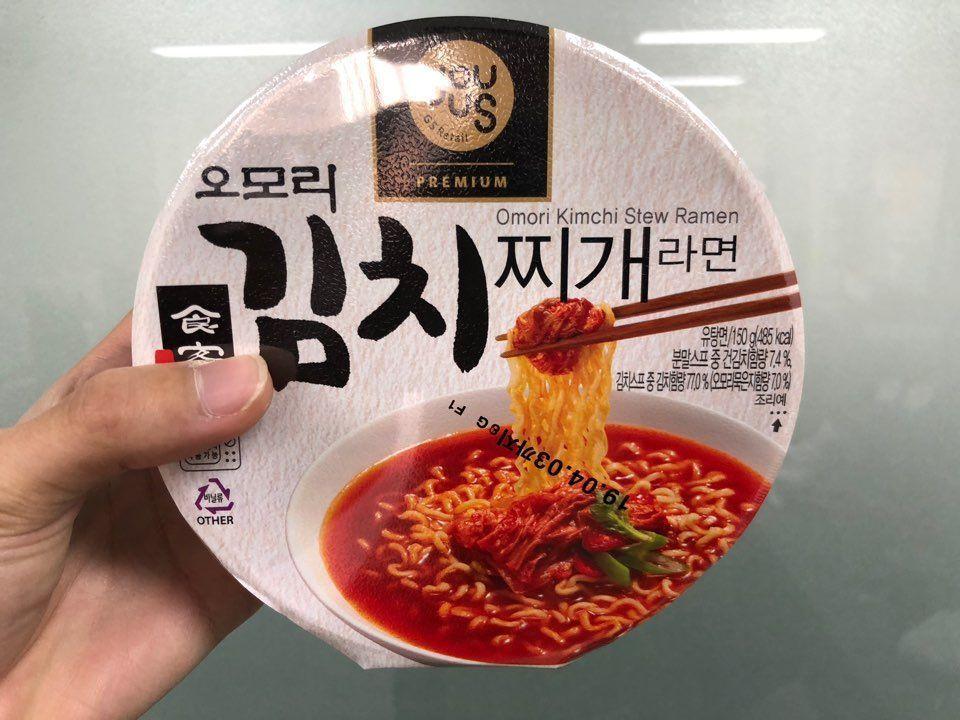 Package of GS25 Omori Kimchi Jjigae Ramen, highlighting a Korean instant noodle with traditional kimchi stew flavor.
